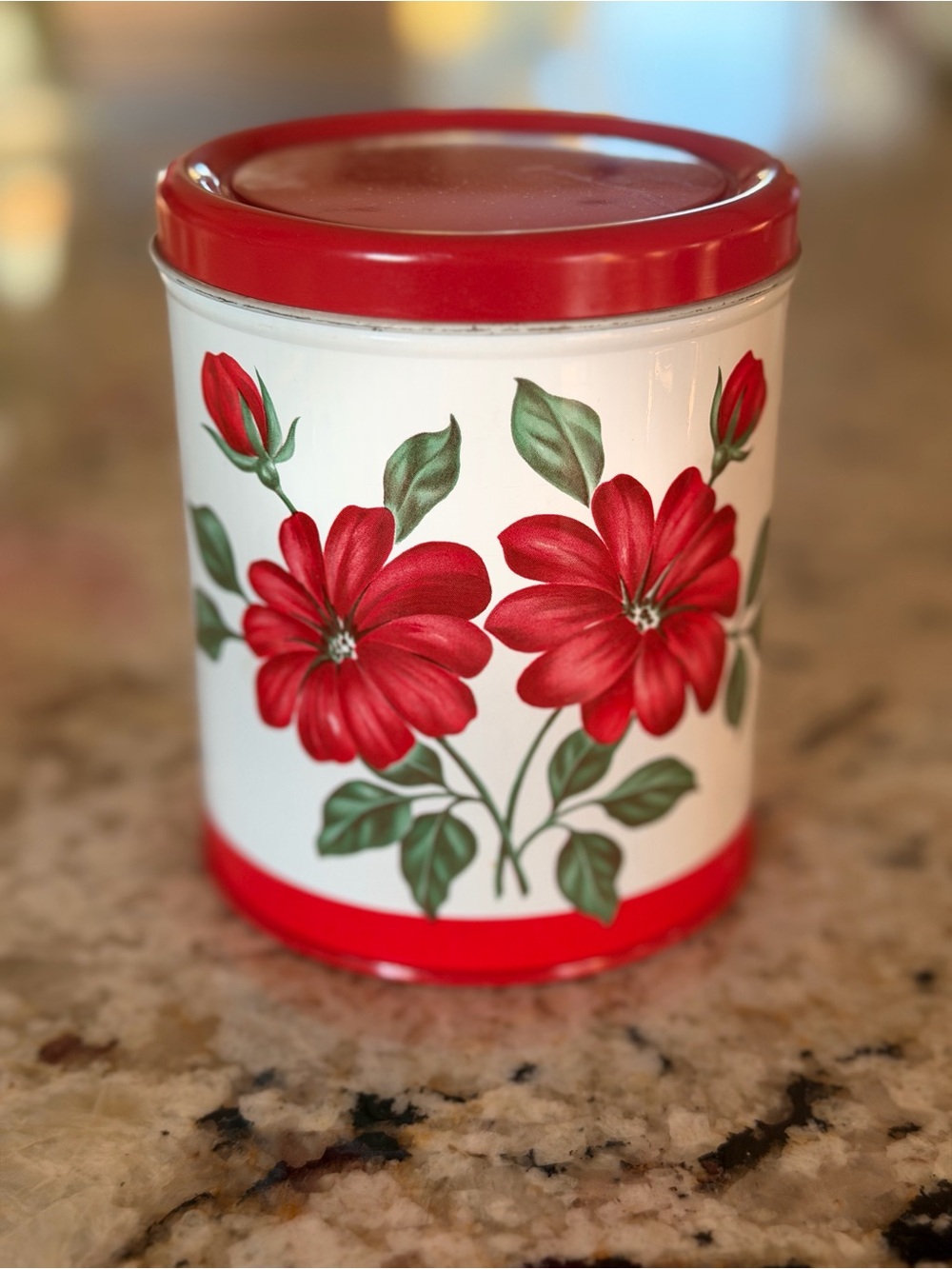 Decoware Vintage 1950s Decoware Tin Kitchen Canister Small 5" - Red Flowers MCM